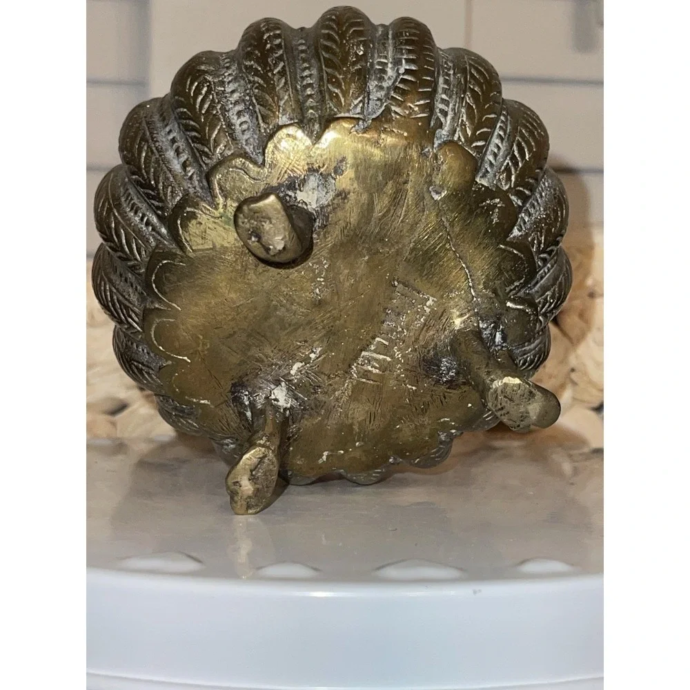 Antique Indian Cast Bronze Mughal Footed Ink Well w/ Peacock Lid‎ & Fluted Sides